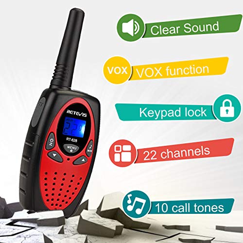 Retevis RT628 Walkie Talkies for Kids,Toys Gifts for 3-14 Years Old Boys Girls with 22 Channels Keyboard Lock,Kids Walkie Talkie for Family Game Outdoor Adventure(Red, 2 Pack)
