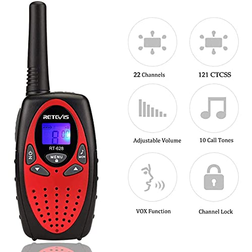 Retevis RT628 Walkie Talkies for Kids,Toys Gifts for 3-14 Years Old Boys Girls with 22 Channels Keyboard Lock,Kids Walkie Talkie for Family Game Outdoor Adventure(Red, 2 Pack)