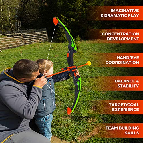GoBroBrand Bow and Arrow Set for Kids -Green Light Up Archery Toy Set -Includes 6 Suction Cup Arrows, Target & Quiver - for Boys & Girls Ages 3 -12 Years Old