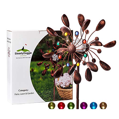 SteadyDoggie Solar Wind Spinner New 75in Jewel Cup Multi-Color Seasonal LED Lighting Solar Powered Glass Ball with Kinetic Wind Spinner Dual Direction for Patio Lawn & Garden