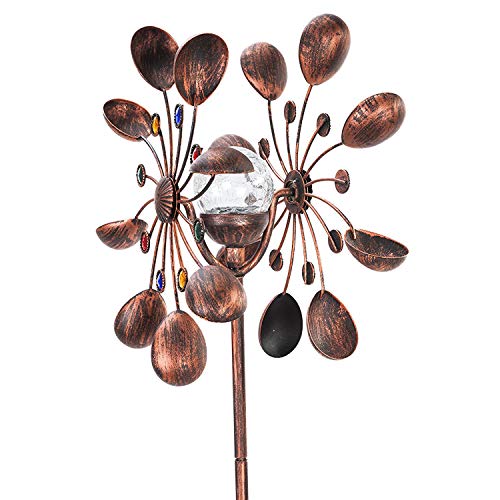 SteadyDoggie Solar Wind Spinner New 75in Jewel Cup Multi-Color Seasonal LED Lighting Solar Powered Glass Ball with Kinetic Wind Spinner Dual Direction for Patio Lawn & Garden