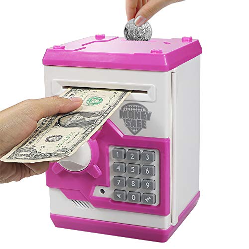 HUSAN Great Gift Toy for Kids Code Electronic Piggy Banks Mini ATM Electronic Coin Bank Box for Children Password Lock Case (White/Pink)
