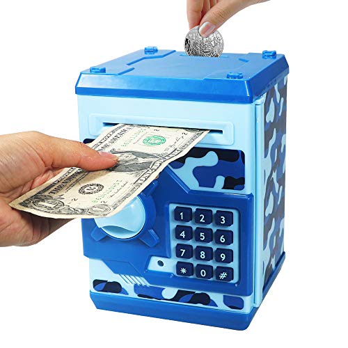 HUSAN Great Gift Toy for Kids Code Electronic Piggy Banks Mini ATM Electronic Coin Bank Box for Children Password Lock Case (Camouflage Blue)