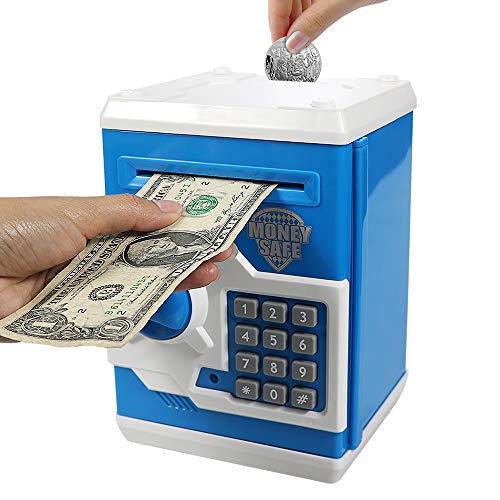 HUSAN Great Gift Toy for Kids Code Electronic Piggy Banks Mini ATM Electronic Coin Bank Box for Children Password Lock Case (Blue/White)