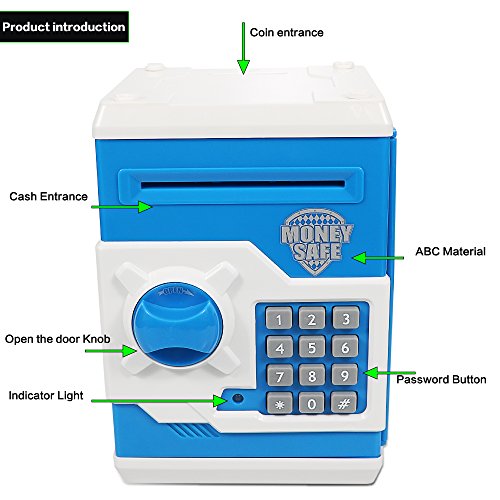 HUSAN Great Gift Toy for Kids Code Electronic Piggy Banks Mini ATM Electronic Coin Bank Box for Children Password Lock Case (Blue/White)