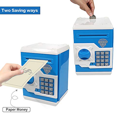 HUSAN Great Gift Toy for Kids Code Electronic Piggy Banks Mini ATM Electronic Coin Bank Box for Children Password Lock Case (Blue/White)