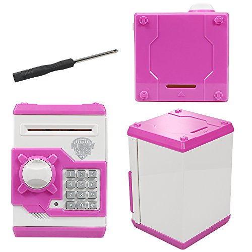 HUSAN Great Gift Toy for Kids Code Electronic Piggy Banks Mini ATM Electronic Coin Bank Box for Children Password Lock Case (White/Pink)