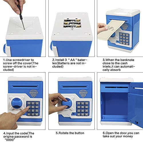 HUSAN Great Gift Toy for Kids Code Electronic Piggy Banks Mini ATM Electronic Coin Bank Box for Children Password Lock Case (Blue/White)