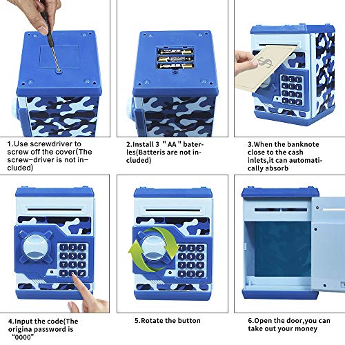 HUSAN Great Gift Toy for Kids Code Electronic Piggy Banks Mini ATM Electronic Coin Bank Box for Children Password Lock Case (Camouflage Blue)