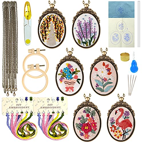 Mini Embroidery Ornament Kit, Embroidered Pendants Floral Embroidery Necklace Earrings Brooches Hand Sewing Jewelry Creative Gifts for Art Crafts Sewing and Hanging (6pcs-F)