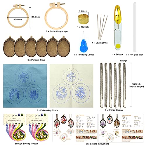 Mini Embroidery Ornament Kit, Embroidered Pendants Floral Embroidery Necklace Earrings Brooches Hand Sewing Jewelry Creative Gifts for Art Crafts Sewing and Hanging (6pcs-F)