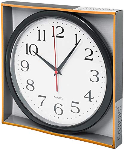 Bernhard Products Black Wall Clock Silent Non Ticking - 10 Inch Quality Quartz Battery Operated Round Easy to Read Home/Office/Classroom/School Clock
