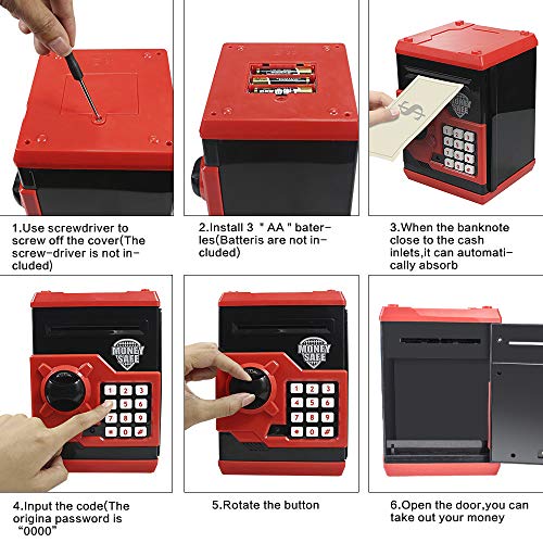 HUSAN Great Gift Toy for Children Kids Code Electronic Piggy Banks Mini ATM Electronic Coin Bank Coin Box for Children Fun Toy, Red