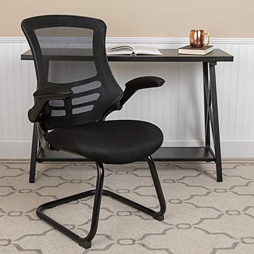 Black Mesh Sled Base Reception Chair with Arms
