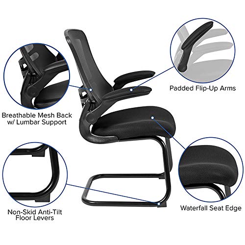 Black Mesh Sled Base Reception Chair with Arms