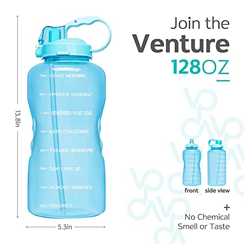 Venture Pal Large 1 Gallon/128 OZ (When Full) Motivational BPA Free Leakproof Water Bottle with Straw & Time Marker Perfect for Fitness Gym Camping Outdoor Sports-Light Blue