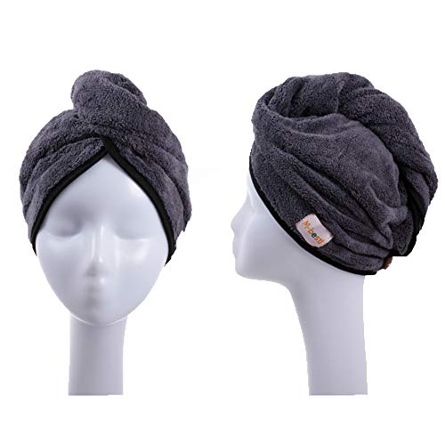 2 Pack Hair Drying Towels, Hair Towel Wrap, Super Absorbent Microfiber Hair Towel Turban with Button Design to Dry Hair Quickly(Dark Gray&Light Gray)