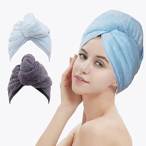2 Pack Hair Drying Towels, Hair Towel Wrap, Super Absorbent Microfiber Hair Towel Turban with Button Design to Dry Hair More Quicker(Dark Gray& Blue)