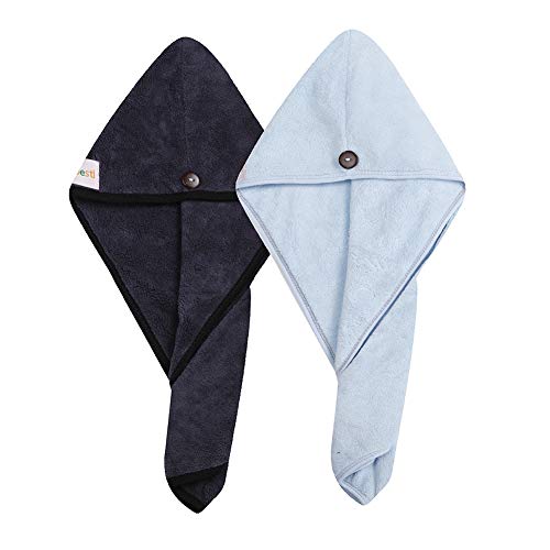 2 Pack Hair Drying Towels, Hair Towel Wrap, Super Absorbent Microfiber Hair Towel Turban with Button Design to Dry Hair More Quicker(Dark Gray& Blue)