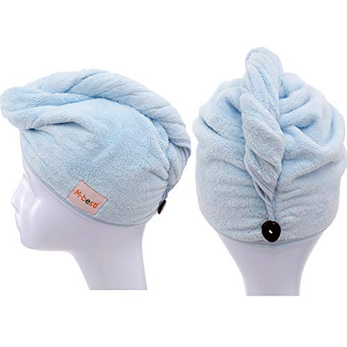2 Pack Hair Drying Towels, Hair Towel Wrap, Super Absorbent Microfiber Hair Towel Turban with Button Design to Dry Hair More Quicker(Dark Gray& Blue)