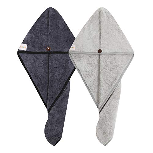 2 Pack Hair Drying Towels, Hair Towel Wrap, Super Absorbent Microfiber Hair Towel Turban with Button Design to Dry Hair Quickly(Dark Gray&Light Gray)