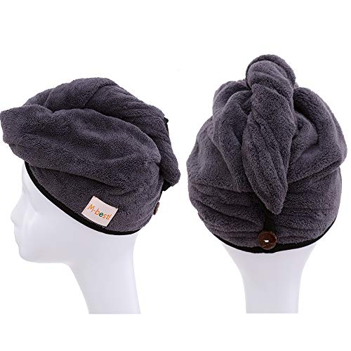 2 Pack Hair Drying Towels, Hair Towel Wrap, Super Absorbent Microfiber Hair Towel Turban with Button Design to Dry Hair More Quicker(Dark Gray& Blue)