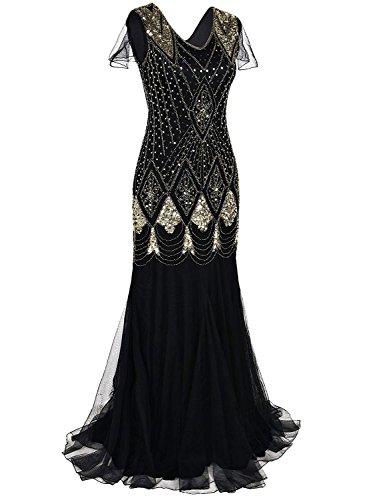 Women Evening Dress 1920s Flapper Cocktail Mermaid Plus Size Formal Gown with Long Gloves (Black Gold, M)