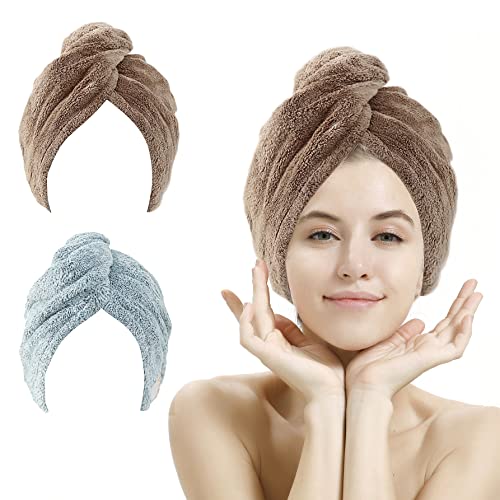 2 Pack Hair Drying Towels, Hair Wrap Towels, Super Absorbent Microfiber Hair Towel Turban with Button Design to Dry Hair Quickly(Star Green&Camel)