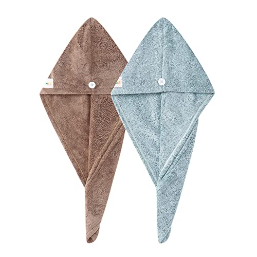 2 Pack Hair Drying Towels, Hair Wrap Towels, Super Absorbent Microfiber Hair Towel Turban with Button Design to Dry Hair Quickly(Star Green&Camel)