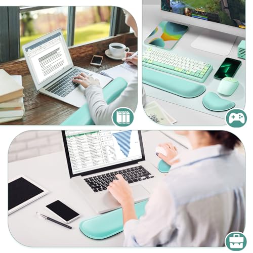 Gimars Cleanable Waterproof PU Leather Keyboard Wrist Pillow Rest Pad, Enlarge Mouse Wrist Cushion Support for Office, School, Computer, Laptop, Durable, Comfortable, Pain Relief, Turquoise Color