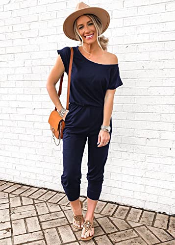 Elastic Waist Off Shoulder Romper Jumpsuit - Navy