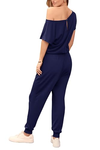 Off Shoulder Elastic Waist Long Jumpsuit - Navy