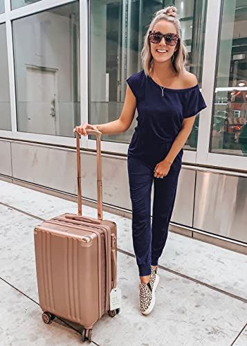 Off Shoulder Elastic Waist Long Jumpsuit - Navy