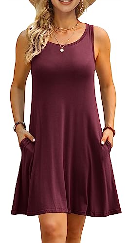 AUSELILY Women's Solid Plain Casual Simple Pocket T-Shirt Loose Dress Tank Sundress Burgundy (M,Wine Red)