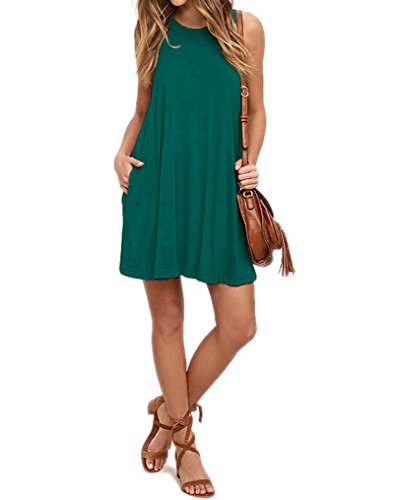 AUSELILY Women's Solid Plain Sleeveless Pockets Casual Swing T-Shirt Dresses Dark Teal Hunter Green (M,Dark Green)