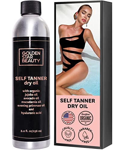 Self Tanner - Sunless Tanning Oil, Organic Spray Tan w/Hyaluronic Acid and Booklet, No Fake Tan Smell & No Streaks for Perfect Golden Glow 8.0 fl.oz