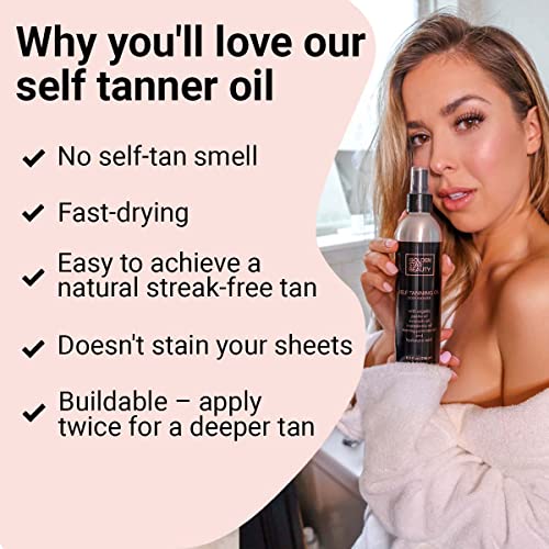 Self Tanner - Sunless Tanning Oil, Organic Spray Tan w/Hyaluronic Acid and Booklet, No Fake Tan Smell & No Streaks for Perfect Golden Glow 8.0 fl.oz