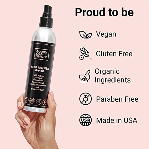 Self Tanner - Sunless Tanning Oil, Organic Spray Tan w/Hyaluronic Acid and Booklet, No Fake Tan Smell & No Streaks for Perfect Golden Glow 8.0 fl.oz