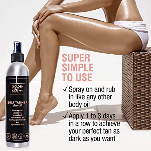 Self Tanner - Sunless Tanning Oil, Organic Spray Tan w/Hyaluronic Acid and Booklet, No Fake Tan Smell & No Streaks for Perfect Golden Glow 8.0 fl.oz