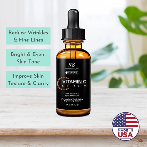 Radha Beauty Vitamin C Serum for Face, HUGE 2oz - 20% Organic Vitamin C + E + Hyaluronic Acid for Anti-Aging, Wrinkles, and Fine Lines - For Radiant and Healthy Skin