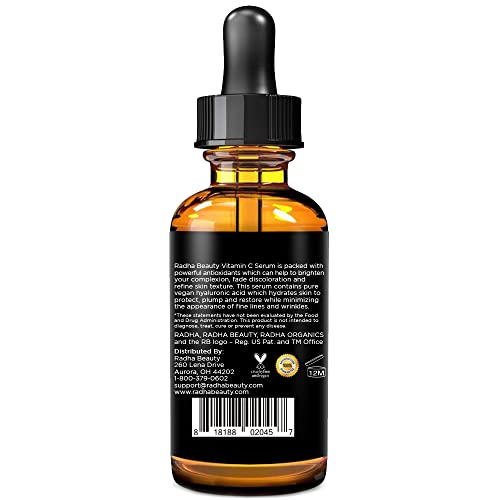 Radha Beauty Vitamin C Serum for Face, HUGE 2oz - 20% Organic Vitamin C + E + Hyaluronic Acid for Anti-Aging, Wrinkles, and Fine Lines - For Radiant and Healthy Skin