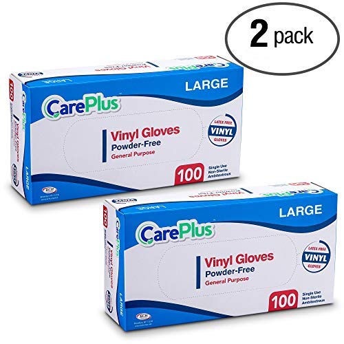 [200 Count] Care Plus Disposable Plastic Vinyl Clear Large Gloves, Allergy, Latex And Powder Free, Great For Home Kitchen Or Office Cleaning, Cooking, 2 Boxes