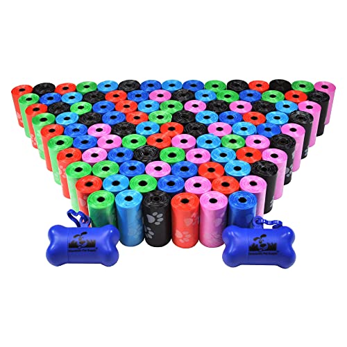 Downtown Pet Supply Dog Pet Waste Poop Bags with 2 Leash Clips and Dispensers (2200 Bags, Rainbow with Paw Prints)