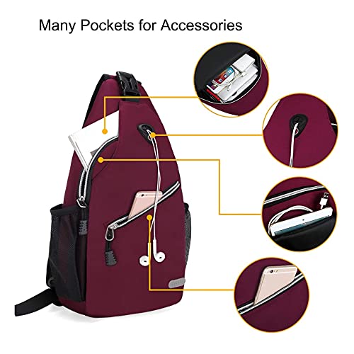 MOSISO Mini Sling Backpack,Small Hiking Daypack Travel Outdoor Casual Sports Bag, Wine Red
