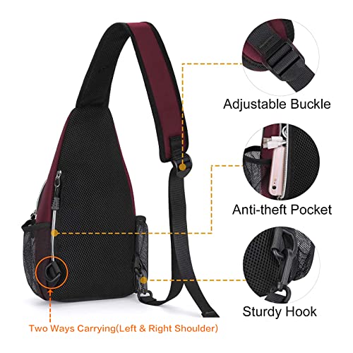 MOSISO Mini Sling Backpack,Small Hiking Daypack Travel Outdoor Casual Sports Bag, Wine Red