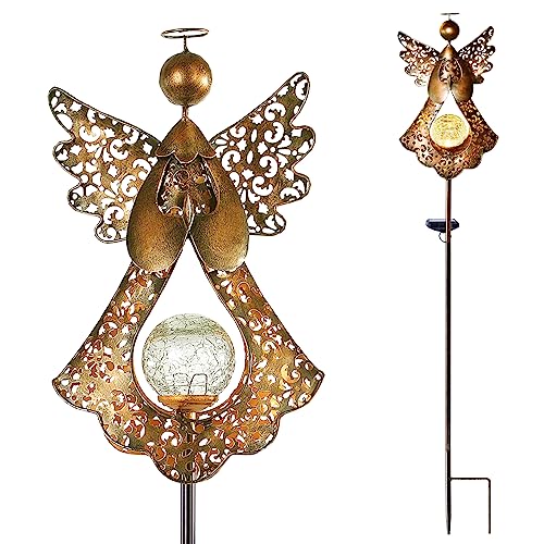SFgift Solar Garden Stake Lights Outdoor Bronze Angel Crackle Glass Globe Stake Metal Lights Waterproof Warm White LED for Garden Lawn Patio or Courtyard