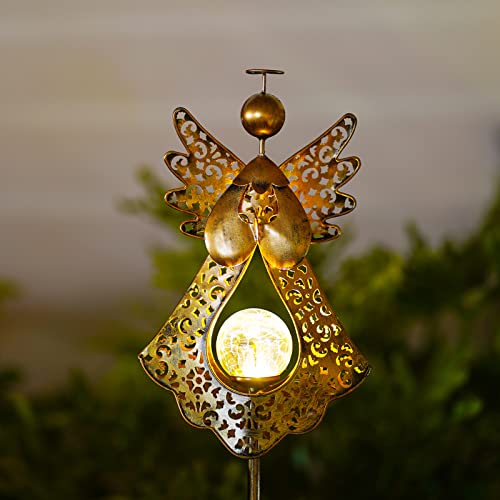 SFgift Solar Garden Stake Lights Outdoor Bronze Angel Crackle Glass Globe Stake Metal Lights Waterproof Warm White LED for Garden Lawn Patio or Courtyard