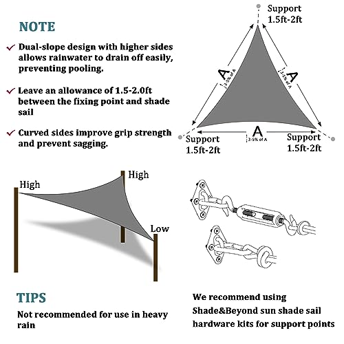 Shade&Beyond 16' x 16' x 16' Grey Color Triangle Sun Shade Sail, UV Block for Outdoor Facility and Activities
