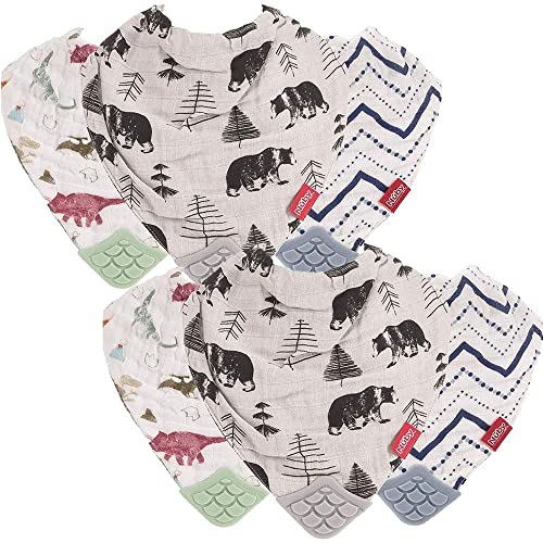 Reversible 100% Natural Cotton Muslin 6 Piece Teething Bib, Green/Grey/Blue