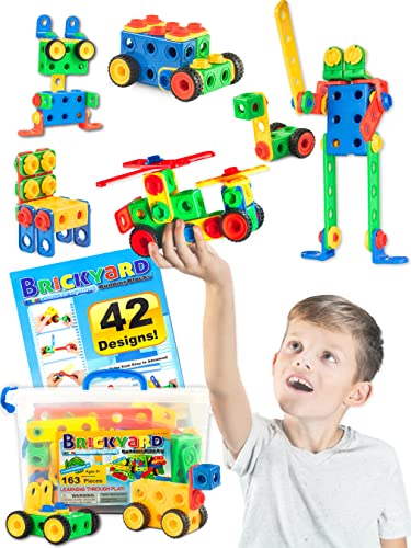 163 Piece STEM Toys Kit, Educational Construction Engineering Building Blocks Learning Set for Ages 3 4 5 6 7 8 9 10 Year Old Boys & Girls by Brickyard, Best Kids Toy, Creative Games & Fun Activity
